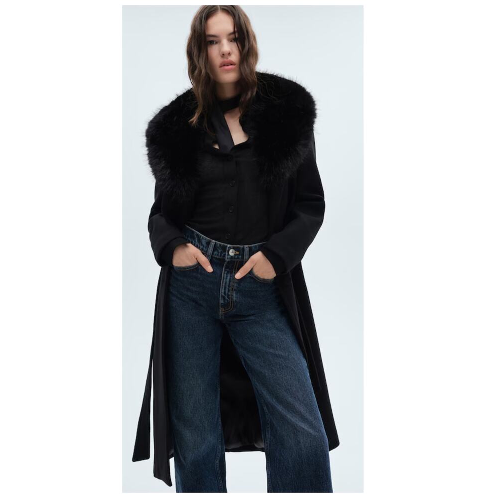 NEW MANGO Manteco Wool Blend Coat with Removable Faux Fur Collar Size US/Small